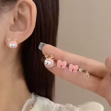 絨毛呆萌小怪獸×三套件耳環組×綠色