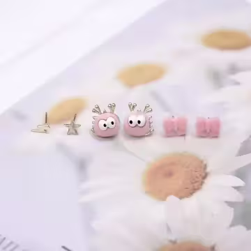 絨毛呆萌小怪獸×三套件耳環組×粉紅