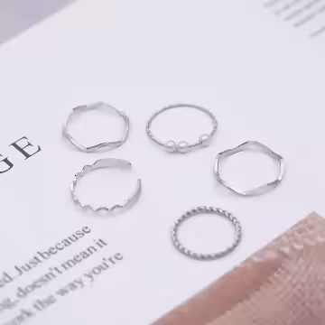 三顆珍珠波紋麻花×五套件戒指組×銀色