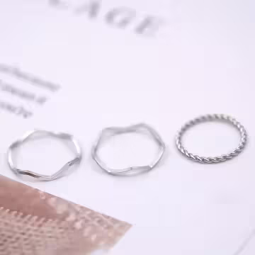 三顆珍珠波紋麻花×五套件戒指組×銀色