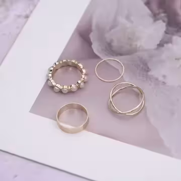 珍珠波堤交叉素圈×四套件戒指組×金色