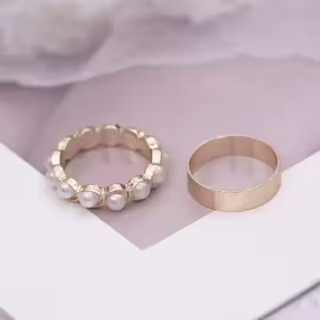 珍珠波堤交叉素圈×四套件戒指組×金色