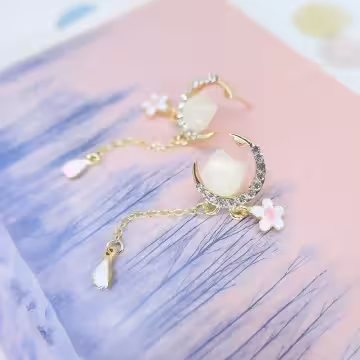 彎月琉璃櫻花貓×吊墜耳環