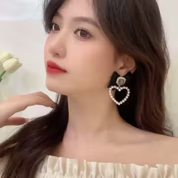 黑緞面領結珍珠愛心&times;吊墜耳環