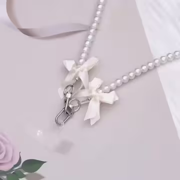 緞帶蝴蝶結珍珠×手機斜背雙勾掛繩