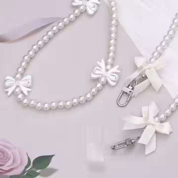 緞帶蝴蝶結珍珠×手機斜背雙勾掛繩