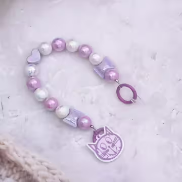 紫色愛心糖果貓咪吊牌×手機腕帶掛繩