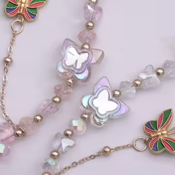 彩蝶水晶串珠×手機腕帶掛繩×粉紅