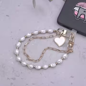 白色愛心雙層鍊條×手機腕帶掛繩