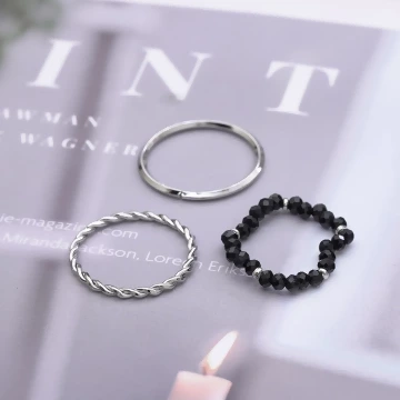 玫瑰黑晶串珠×五套件戒指組×銀色.avif