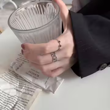 玫瑰黑晶串珠×五套件戒指組×銀色