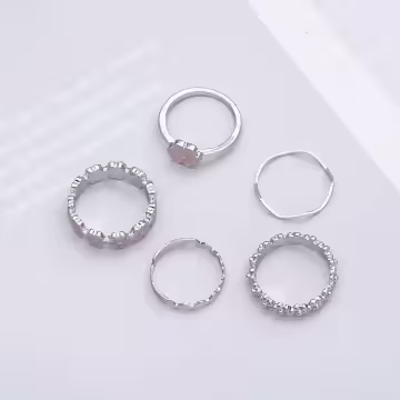 甜美粉紅花朵×五套件戒指組×銀色