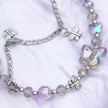 彩蝶水晶串珠×手機腕帶掛繩×紫色