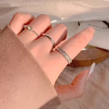 點點紋寬窄鋯鑽×三套件戒指組×銀色