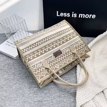 民族風線條圖騰印花×手提袋×卡其色