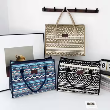 民族風線條圖騰印花×手提袋×藍色