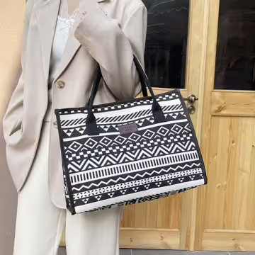 民族風線條圖騰印花×手提袋×黑色