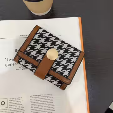 千鳥紋布面皮革×三折短皮夾×棕咖