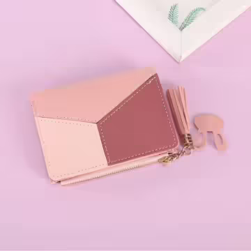 撞色拼接皮革×對折拉鍊短皮夾×粉紅
