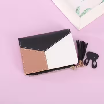 撞色拼接皮革×對折拉鍊短皮夾×黑色