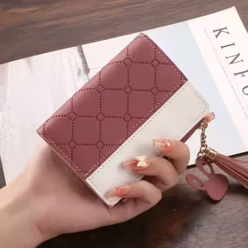 菱紋壓線×對折拉鍊短皮夾×紅色