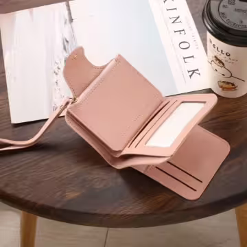 簡約皮革×翻頁三層短皮夾×黑色