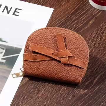 禮物綁帶荔枝紋皮革×風琴卡夾×棕咖