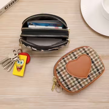 愛心千鳥紋×雙層拉鍊零錢包×黑色