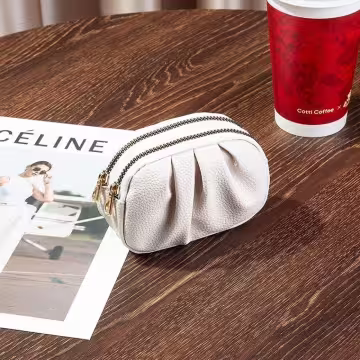 單色荔枝紋抓皺×雙層拉鍊零錢包×米白