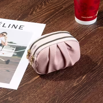 單色荔枝紋抓皺×雙層拉鍊零錢包×粉紅