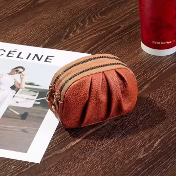 單色荔枝紋抓皺×雙層拉鍊零錢包×橘咖