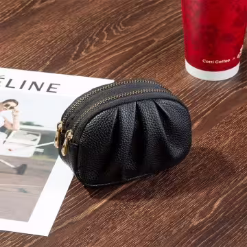 單色荔枝紋抓皺×雙層拉鍊零錢包×黑色