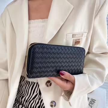 大編紋格紋×拉鍊長皮夾×黑色