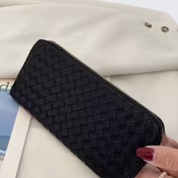 大編紋格紋×拉鍊長皮夾×黑色