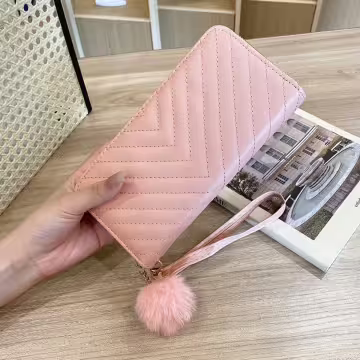 V紋壓線毛球×手拿拉鍊長皮夾×粉紅