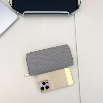 細編交織紋×拉鍊長皮夾×灰色