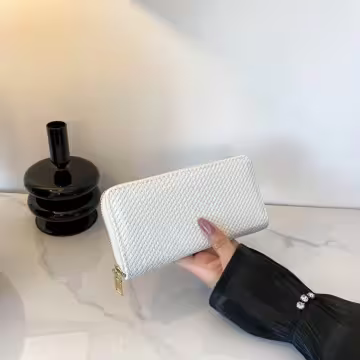 細編交織紋×拉鍊長皮夾×白色