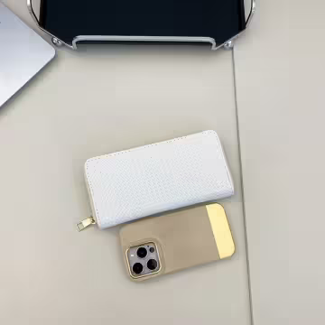 細編交織紋×拉鍊長皮夾×白色