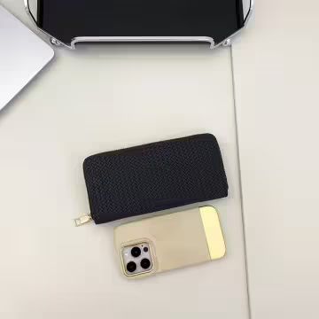 細編交織紋×拉鍊長皮夾×黑色