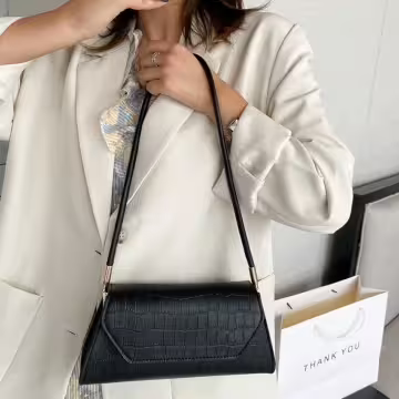 法式梯型鱷魚紋素色×肩背包×黑色