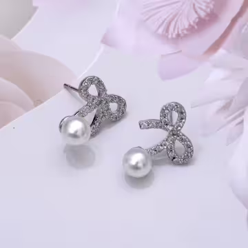 925銀針×珍珠晶鑽蝴蝶結×耳針