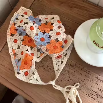 鏤空花朵針織×三角頭巾×橘藍