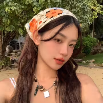 鏤空花朵針織×三角頭巾×橘藍