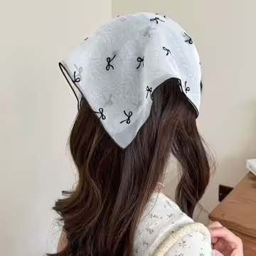 黑白網紗蝴蝶結×絲巾×四角頭巾