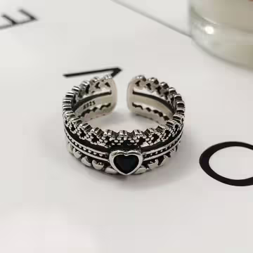 美式&times;復古&times;愛心繞&times;黑色愛心&times;開口戒指
