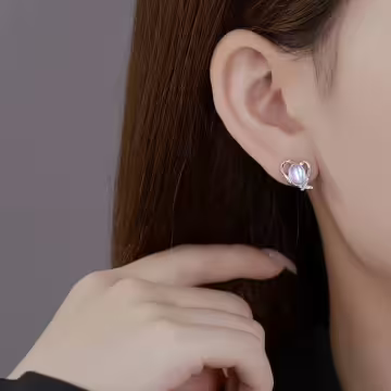 銀線條愛心貓眼石&times;吊墜耳環