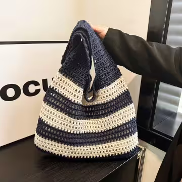 條紋拼接鏤空針織×肩背包×深藍