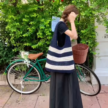 條紋拼接鏤空針織×肩背包×深藍