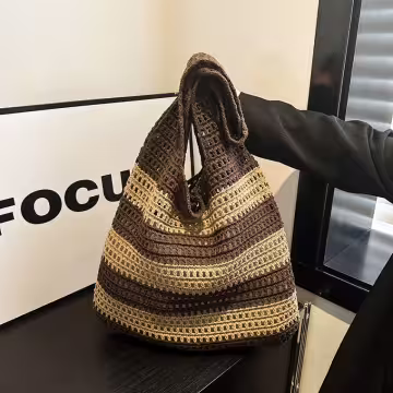 條紋拼接鏤空針織×肩背包×棕咖