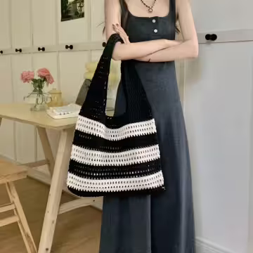條紋拼接鏤空針織×肩背包×黑色